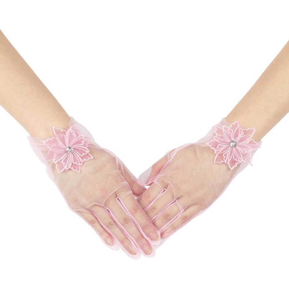 Women's Evening Light Pink Mesh Lace Short Gloves Wedding Bridal Tea Party Prom